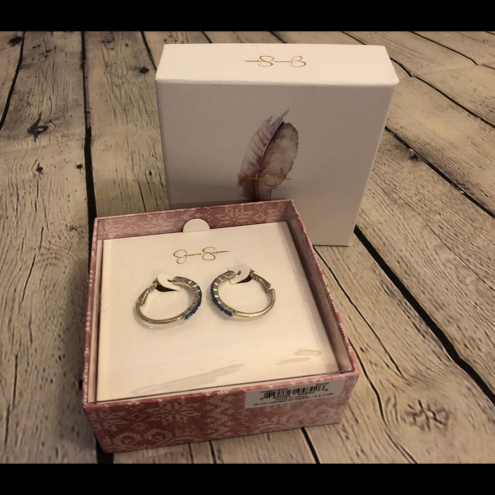 NIB Jessica Simpson blue rhinestone hoop earrings - Picture 3 of 5